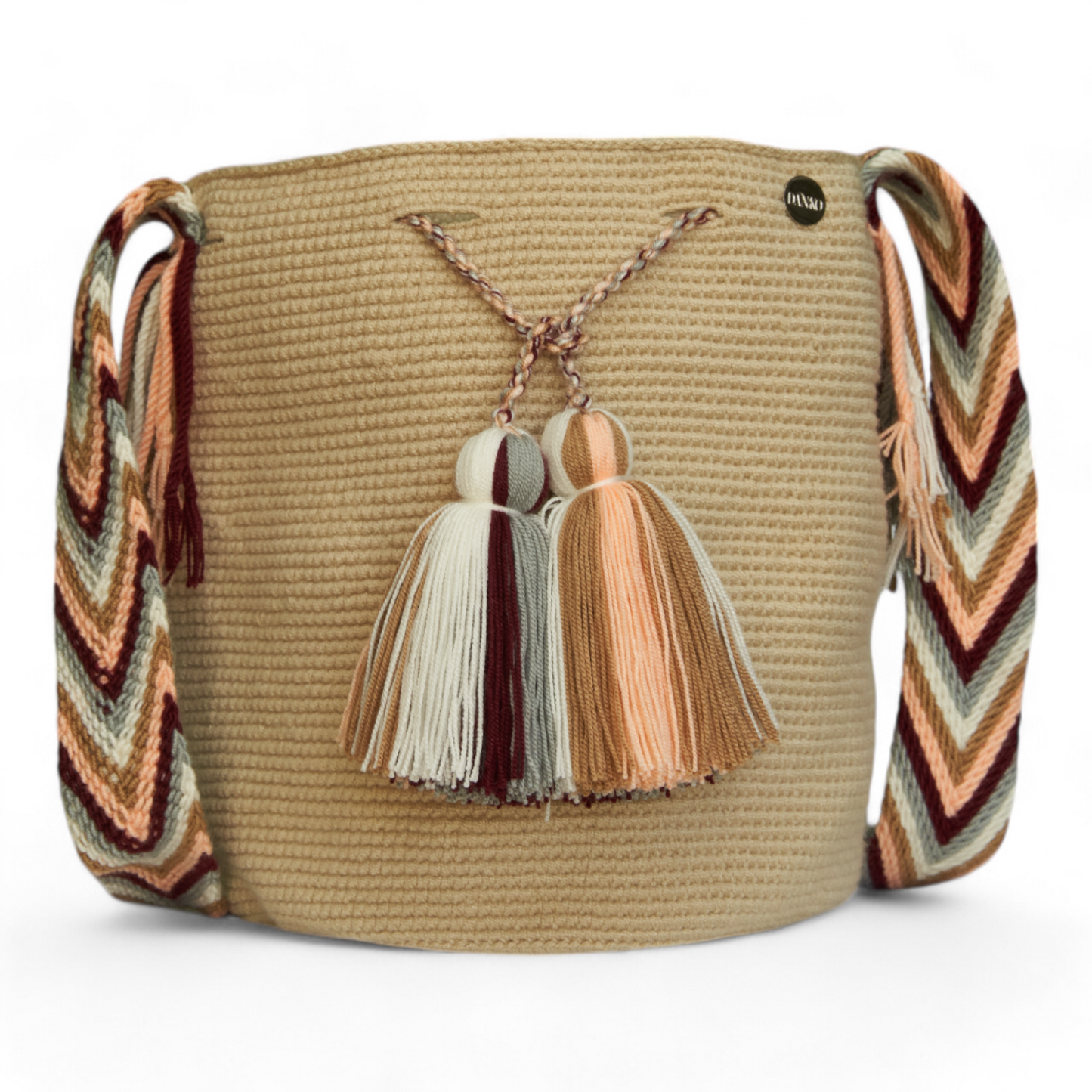 Handcrafted Beige Crossbody Crochet Bag with Tassels