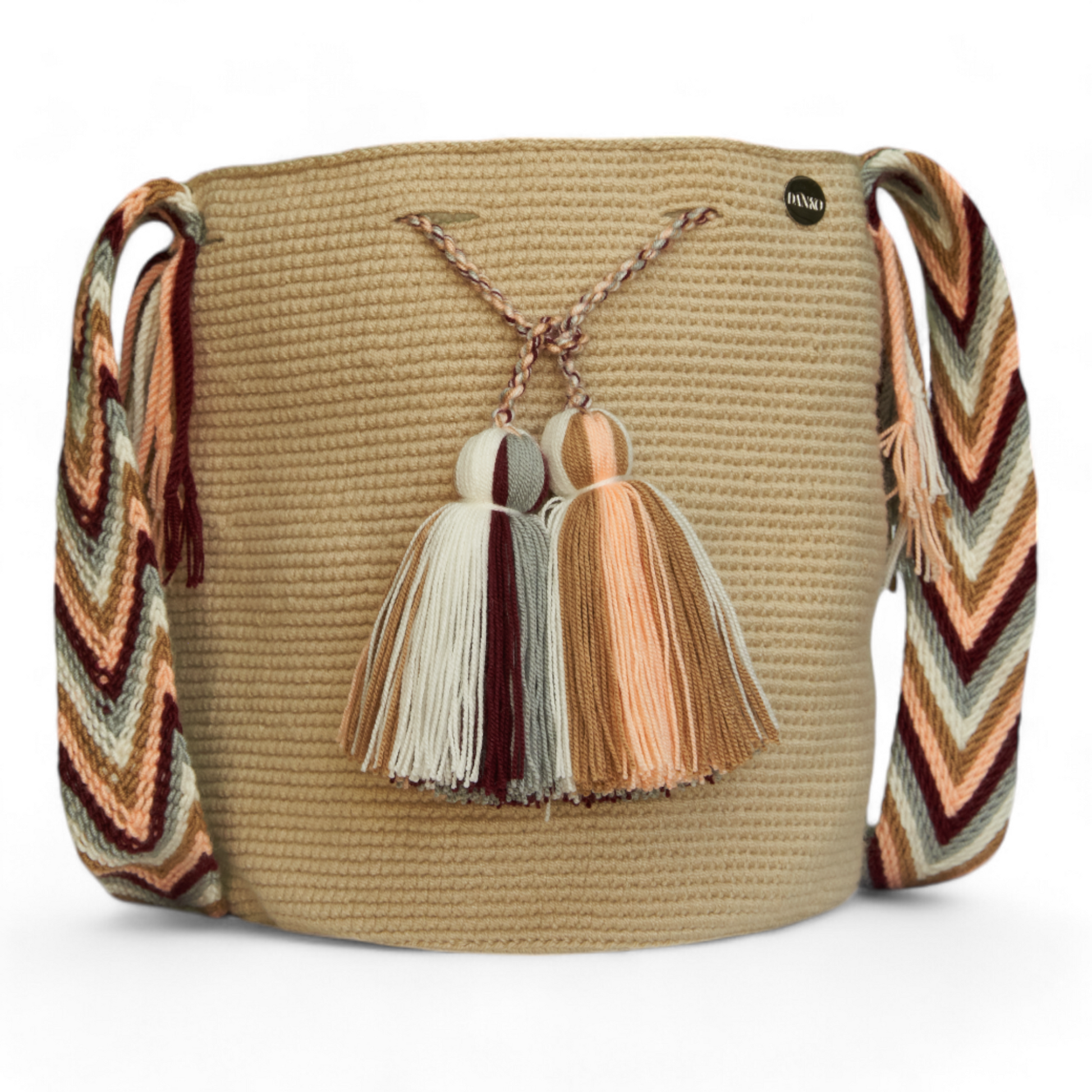 Handcrafted Beige Crossbody Crochet Bag with Tassels