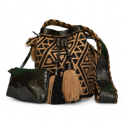 Hand Crafted Black Gold Leather Shoulder bag with Tassels and Gems