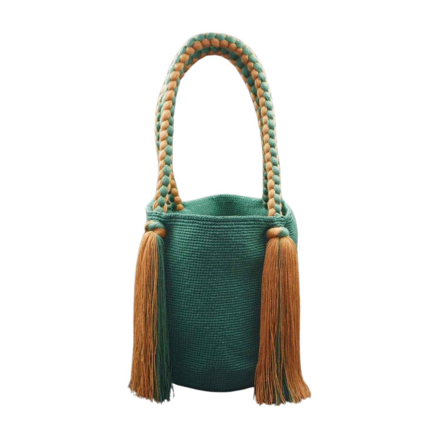 Handmade Teal Tote Bag with Long Tassels. The handles is weaved together in a plait